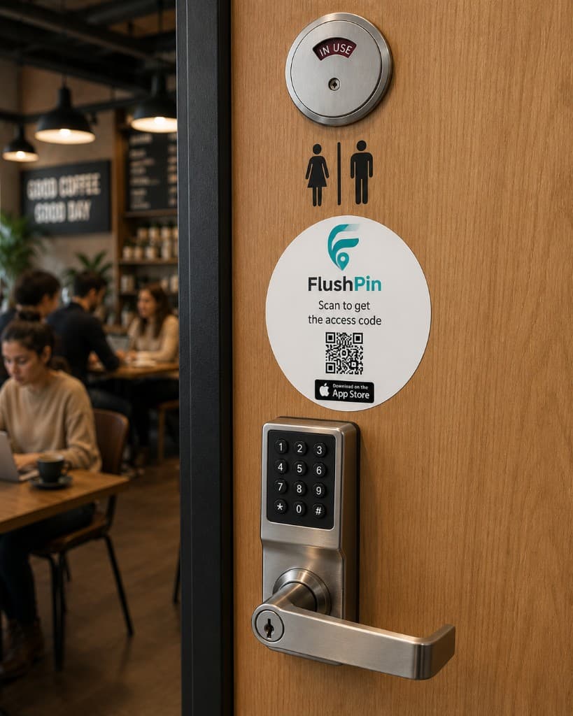 FlushPin restroom access sticker with QR code on a restroom door inside a modern café