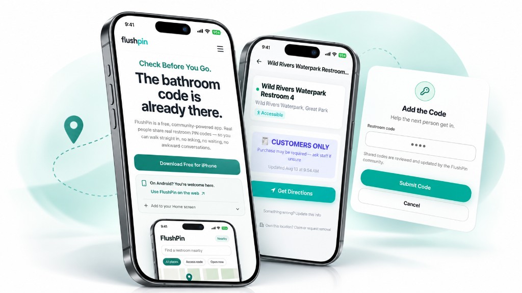 FlushPin on iPhone: the website, a selected restroom at Wild Rivers Waterpark, and the code form.
